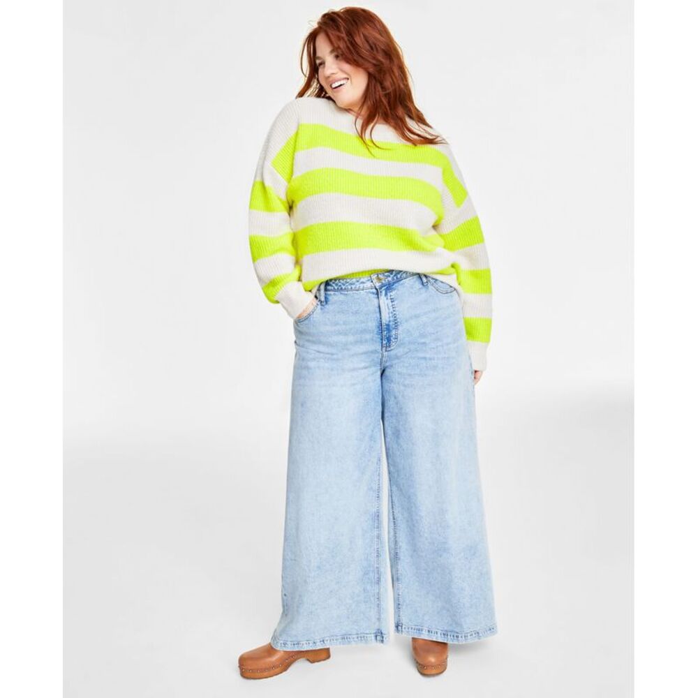 On 34th Plus Size Crewneck Striped Shaker Sweater